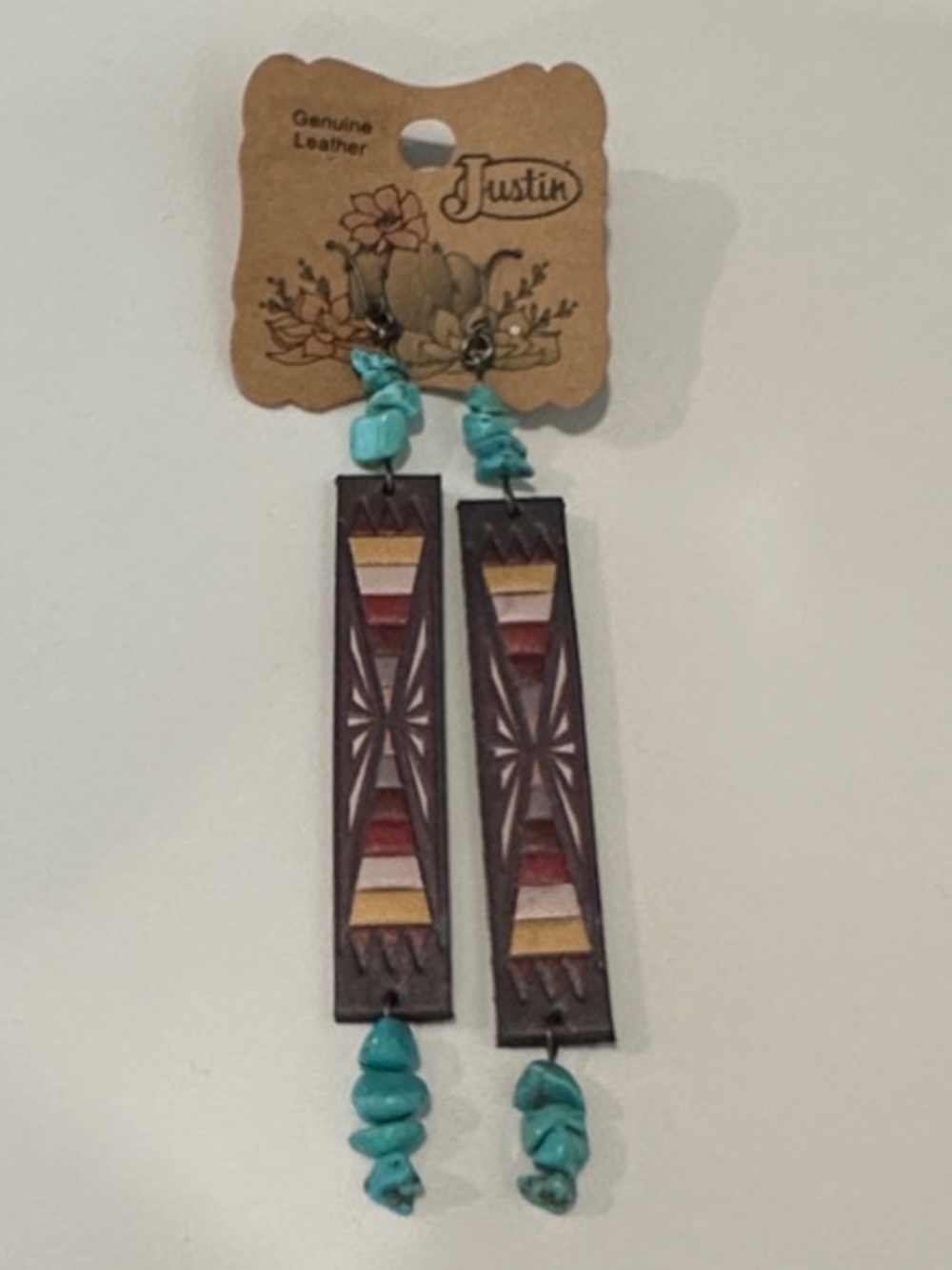 Justin Genuine Leather Western Tooled Turquoise Stone Dangle Earrings Brown Boho